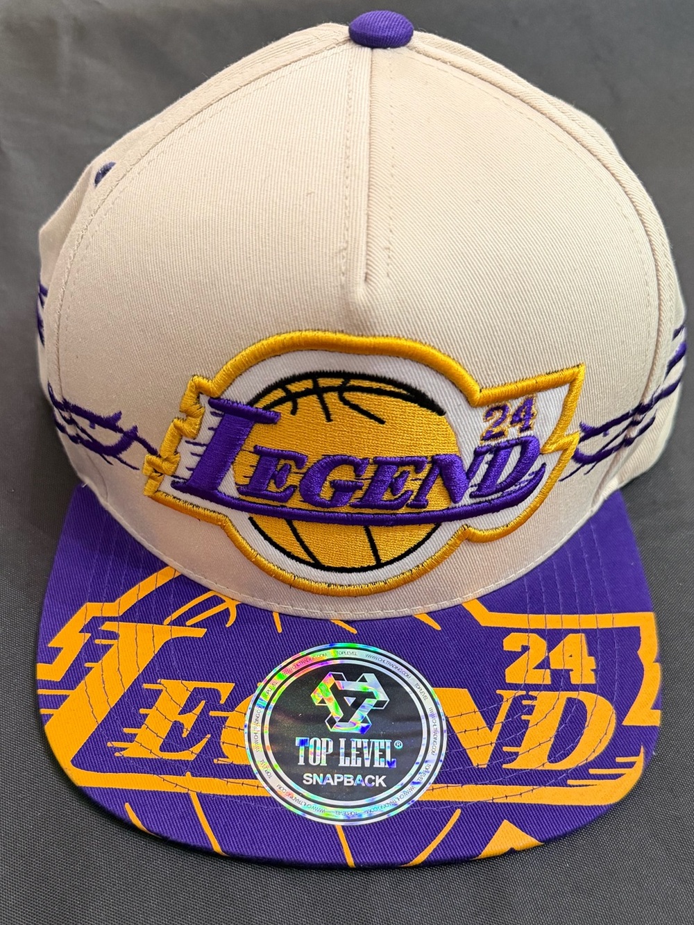Top Level Kobe Bryant 14 Tribute SnapBack Hat Cream Purple Lakers Legend